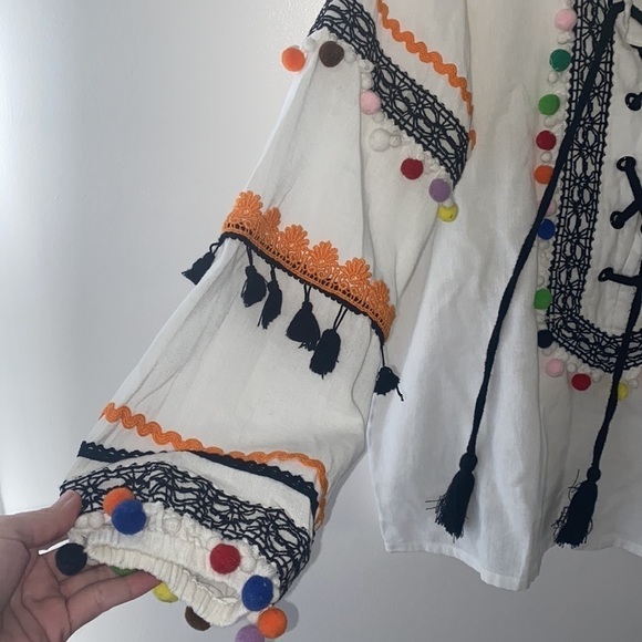 Dodo Bar Or Yehoray Blouse With Colorful Pom Poms Lace Up Cotton Fiesta Top - Picture 6 of 10